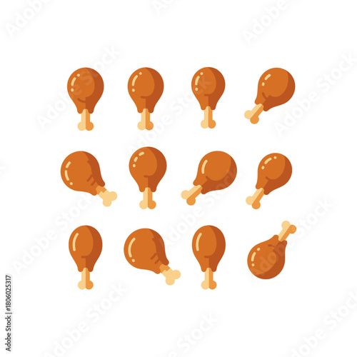 Twelve cartoon-style chicken drumsticks are arranged on a white background, some upright, some tilted, showing roasted or fried poultry legs.