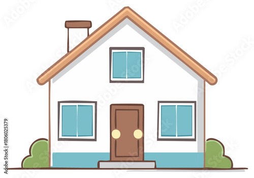 A charming cartoon house with white siding, brown roof and trim, blue windows, and green bushes in a playful, illustrative style