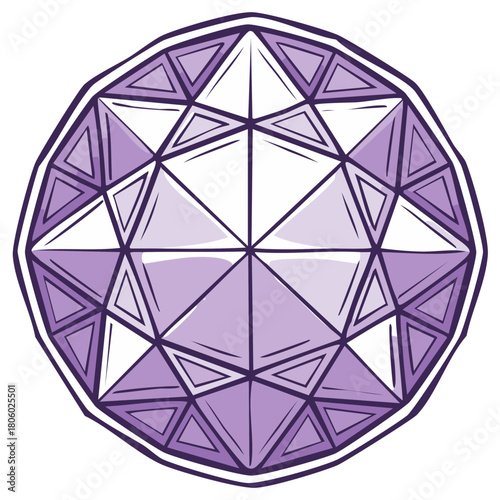 Round faceted gem or jewel with a lavender color and many triangles shapes creating depth and an eye catching appearance