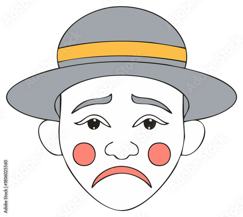 Sad mime face with white makeup and a grey hat vector illustration
