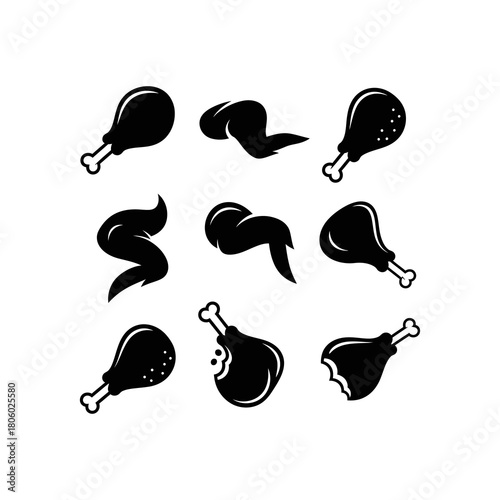 Black and white illustration of various chicken pieces, including drumsticks and wings, arranged against a white background.