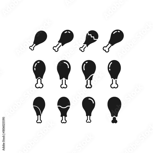 A collection of twelve simple black icons depicting chicken legs and drumsticks in various styles.