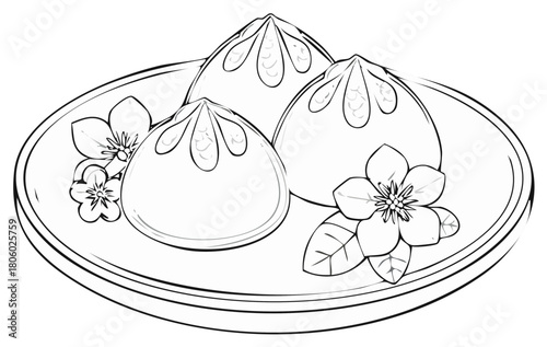 Delicious traditional Asian steamed buns on a serving plate with decorative floral elements vector art