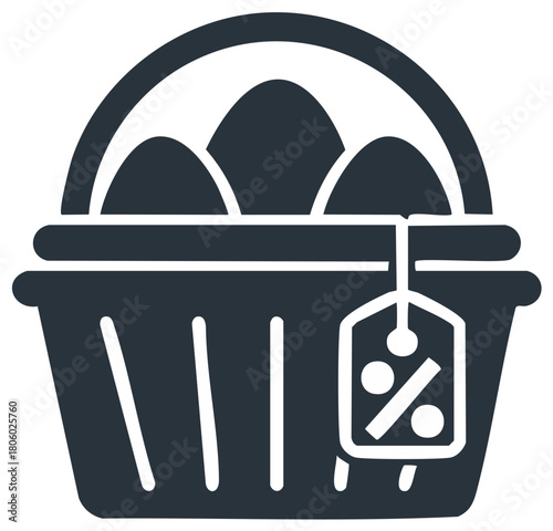 Shopping basket with three eggs and a percentage discount tag icon