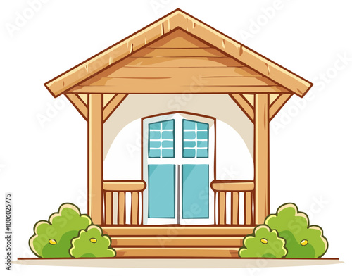 Cozy wooden porch entrance with glass panel door steps railing and green bushes cartoon illustration