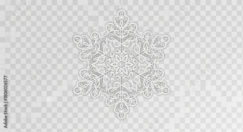 An intricately designed snowflake shimmers against a transparent backdrop, its delicate details catching the light, creating a mesmerizing wintery pattern that evokes a sense of wonder