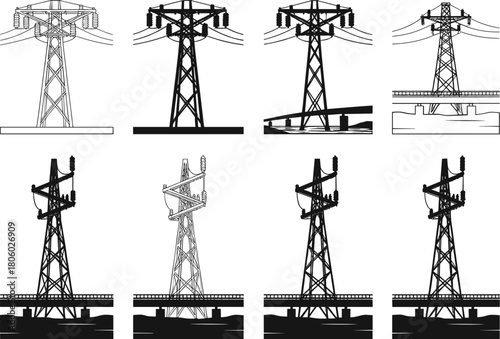 High voltage electricity transmission towers collection, power line pylons, energy grid infrastructure silhouettes, flat vector