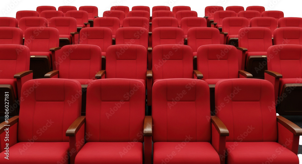 Naklejka premium Rows of empty red theater seats arranged in a stadium seating configuration isolated on transparent background