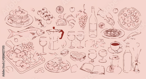 Hand drawn Italian food and drink doodle background sketch for restaurant menu design