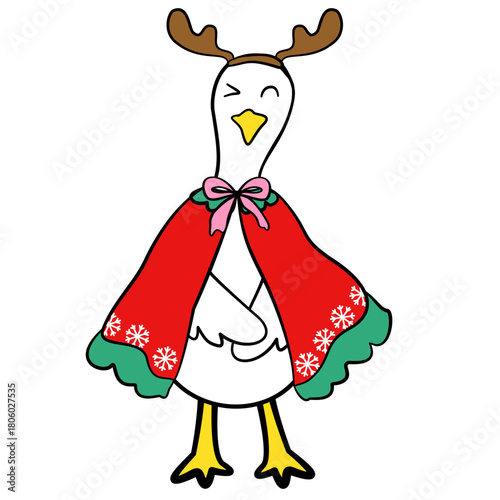 Hand drawn cartoon goose wearing a red reindeer cloak or cape with antlers on its head. Vector graphic for Christmas and winter themes.