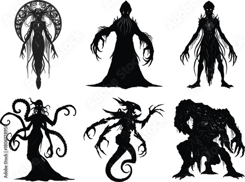 Monster silhouette illustration, alien horror creature design with claws tentacles grotesque body shapes, fantasy sci fi artwork, flat vector