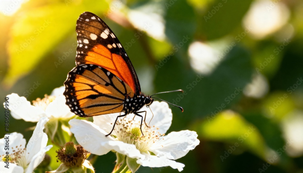 Fototapeta premium Monarch butterfly perched on white flower in soft golden sunlight, bokeh background, nature macro