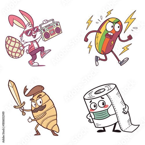 Cartoon bunny with boombox, running hot dog, warrior larva, and masked toilet paper rabbit easter