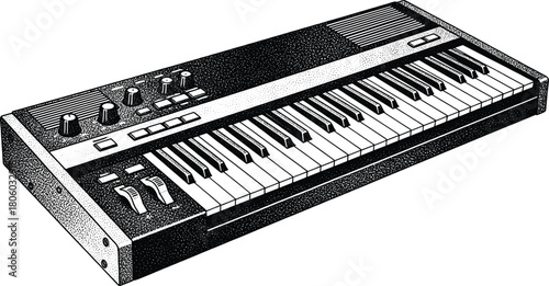 Vector illustration of a vintage synthesizer keyboard with knobs and keys, black and white stippling dotwork art style, retro electronic musical instrument sketch