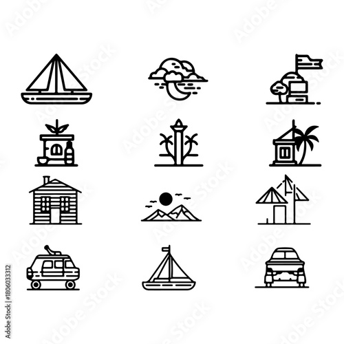 black editable thin linear with pure white background minimalist vacation line icons.