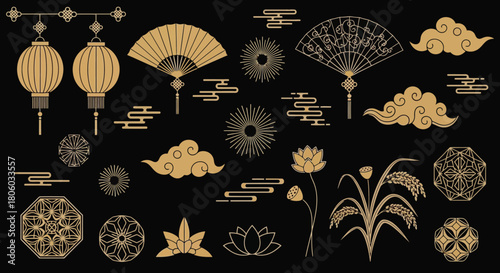 Elegant Chinese Design Elements Fan, Lantern, Cloud, and Floral Motifs in Golden Hues on Black