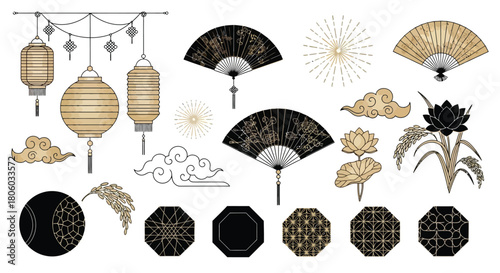 Asian-inspired Decorative Elements Lanterns, Fans, Cloud Motifs, and Floral Designs for Various Projects