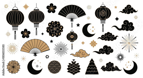 Elegant Lunar New Year Decorations Lamps, Fans, and Celestial Elements in a Festive Vector Set