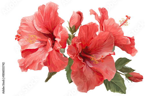 Rendered image of vibrant red hibiscus blossoms and buds with green foliage, isolated