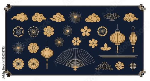 Chinese Traditional Vector Set Decorative Elements, Floral Motifs, and Fan Illustrations