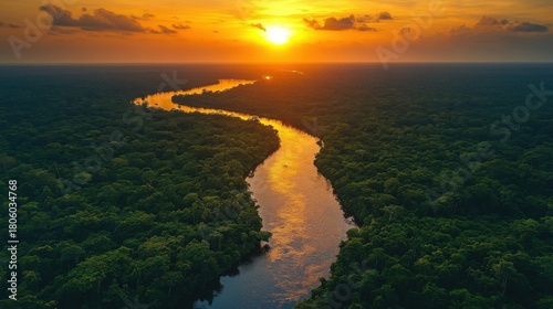 Amazon River at Sunset - A Serene Aerial View of the Rainforest.