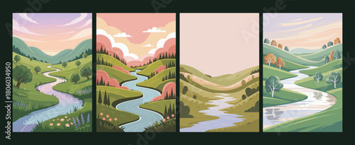 Scenic River Valley Landscape Illustrations