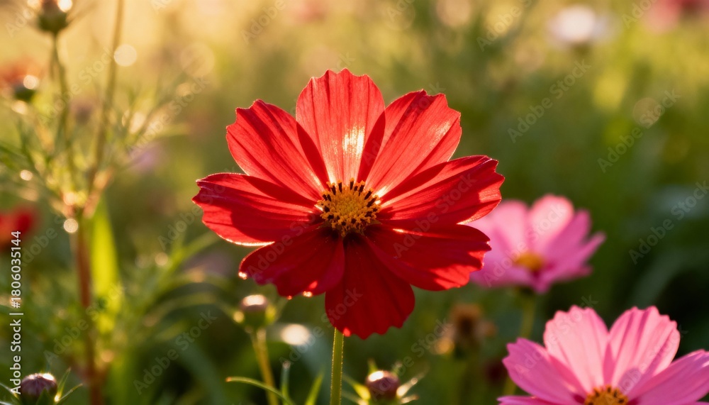 Obraz premium Sunlit red cosmos bloom in soft focus garden meadow at sunrise, warm golden hour light, delicate petal detail, serene and vibrant.