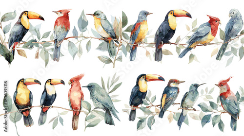 Elegant watercolor illustration of colorful tropical birds perched on leafy branches, featuring toucans, cardinals, and exotic species in a soft botanical style on white background.