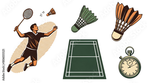 Collection of Badminton Game Elements and Sports Equipment for a Dynamic Competition
