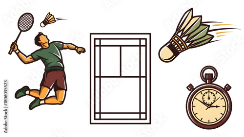 Action shot of a badminton player serving shuttlecock with court, stopwatch, and shuttlecock illustration