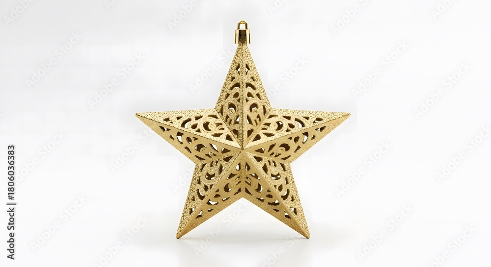 Fototapeta premium A golden, intricately patterned star ornament is displayed against a white background, ready for hanging.