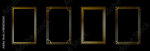 Gold thin rectangle frame set. Shining golden squared borders in art deco style. Thin linear rectangular cadre collection. Vector glowing shiny boarder element pack for photo, poster, tarot card