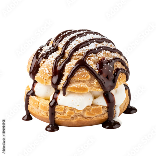 Delicious cream puff pastry with chocolate drizzle on transparent background
