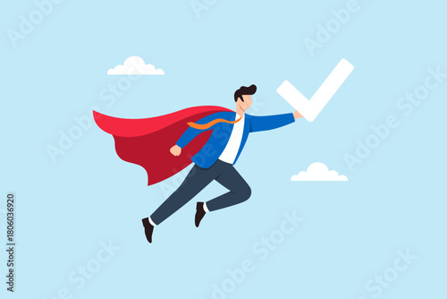 Flat illustration of businessman superhero flying with giant checkmark symbol representing achievement success confidence determination and business victory in professional journey
