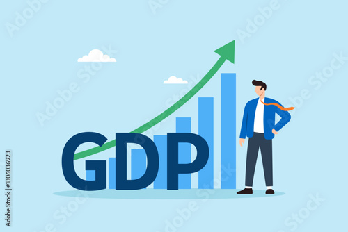 Flat illustration of businessman standing beside large GDP letters with upward green arrow chart symbolizing economic growth market expansion financial progress and national development