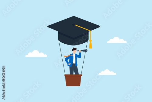 Flat illustration of businessman flying in hot air balloon shaped like graduation cap symbolizing education lifelong learning career growth ambition and journey toward professional success