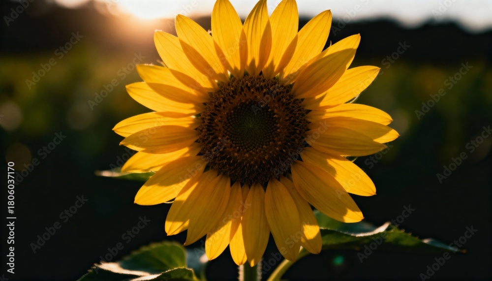 Fototapeta premium Golden sunflower bathed in warm sunlight at golden hour, creating a vibrant and cheerful natural backdrop.