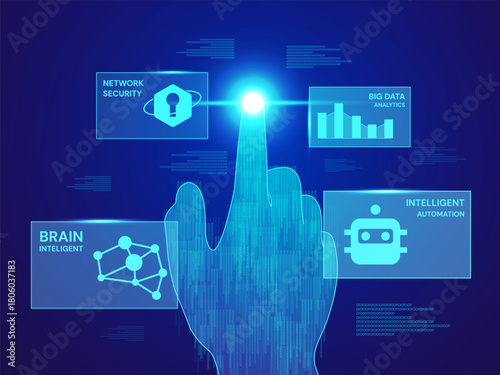 Artificial intelligence with Futuristic Algorithm Binary Code Digits moving Finger Hand Touching to Luminous Glow Light Effect Surrounded Data Visualization Hologram Dashboard vector design concept.