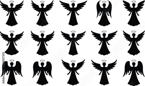 Elegant angel silhouettes collection, heavenly winged figures, spiritual icons, divine symbols, celestial decoration design elements for Christmas, worship, faith, serenity