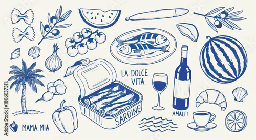 Italian Food and Travel Hand Drawn Sketch Vector Set. Sardines, Wine, and Mediterranean Doodles.