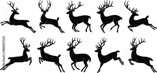 Elegant silhouette deer collection showcasing dynamic running, jumping, and standing poses, perfect for wildlife design, nature themes, and creative projects, premium vector art