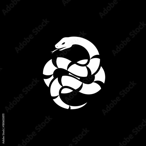 Stylized White Snake Coiled with Tongue Out on Black Background.