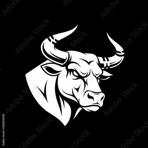 Powerful Bull Head Illustration with Intricate Horn Details.