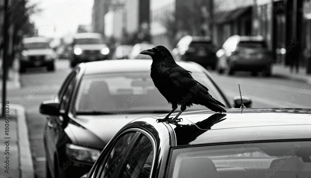 Naklejka premium A solitary black raven perched atop a car windshield in a city street with blurred traffic creates a striking monochrome mood.