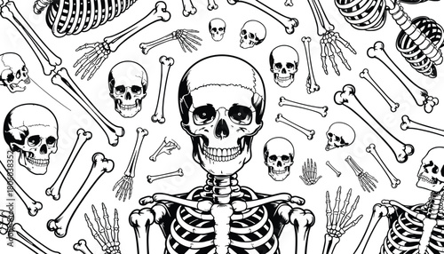 Human skeleton, skull, ribcage, femur, humerus, ulna, radius, hand bones, anatomical silhouette, medical vector, Halloween design, bone illustration