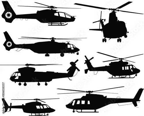 Helicopter silhouette set, black vector aircraft collection, military and civilian chopper, air transport symbol, isolated on white background