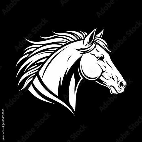 Majestic White Horse Head Silhouette on Black Background.