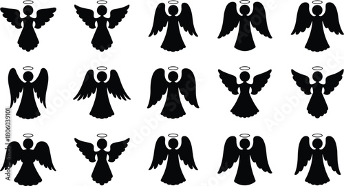 Set of angel silhouettes with halos and wings, holy celestial icons, spiritual divine figures ideal for Christmas artwork, religious decoration, faith themes