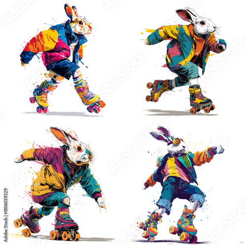 Colorful illustration of playful rabbits wearing vibrant streetwear while roller skating, featuring energetic poses and expressive artistic splashes on a white background.