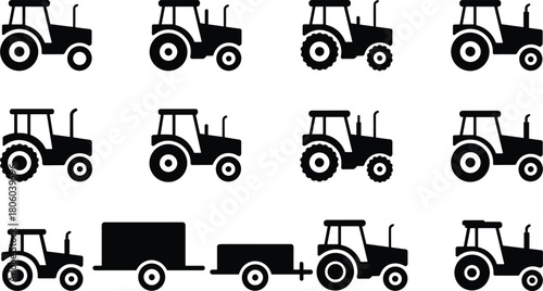 Tractor silhouette icons set, black farm machinery collection, agriculture vehicle isolated on white background, harvesting equipment vector illustration, heavy transport symbol
